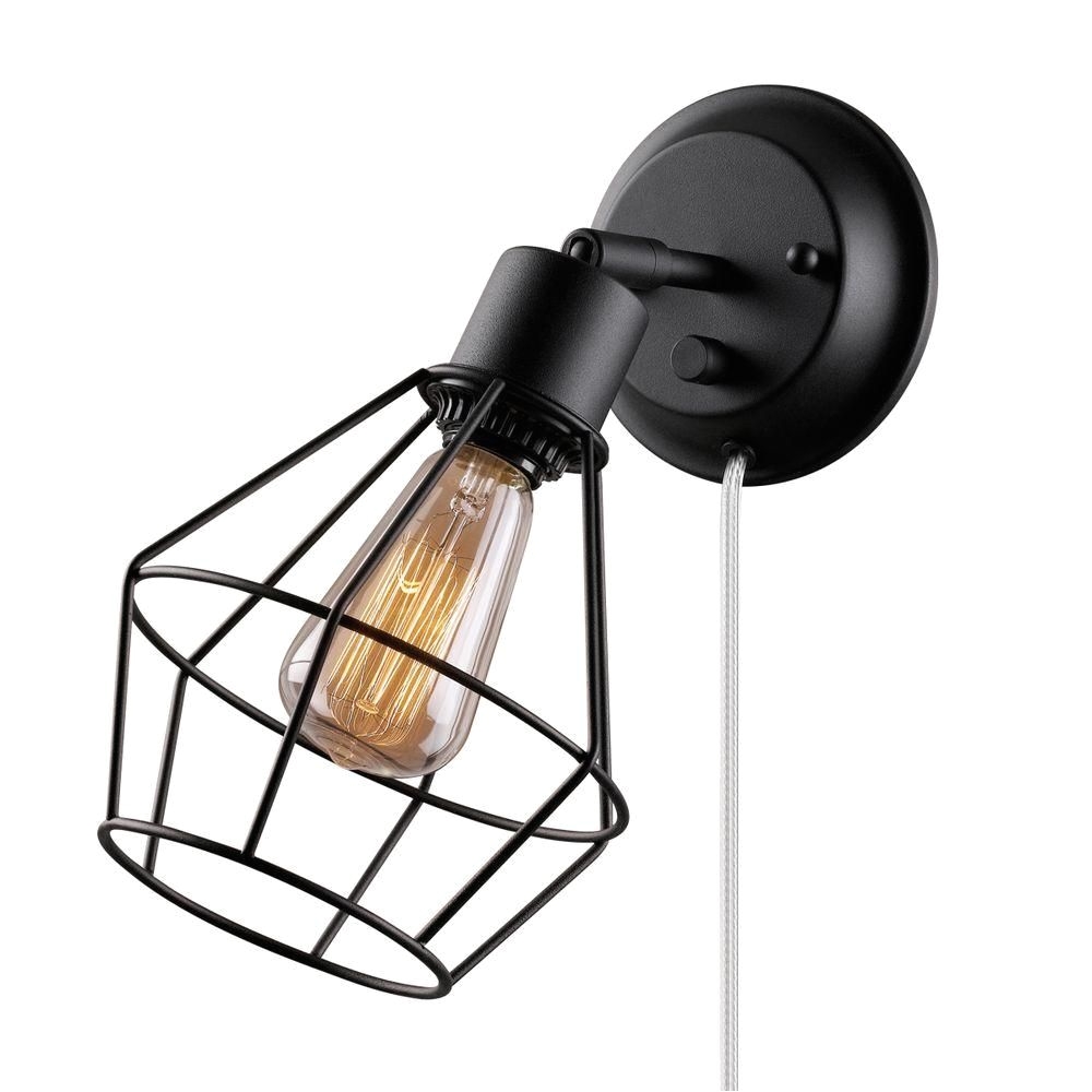 globe electric 1 light black shade plug in wall sconce with clear 6 in cord