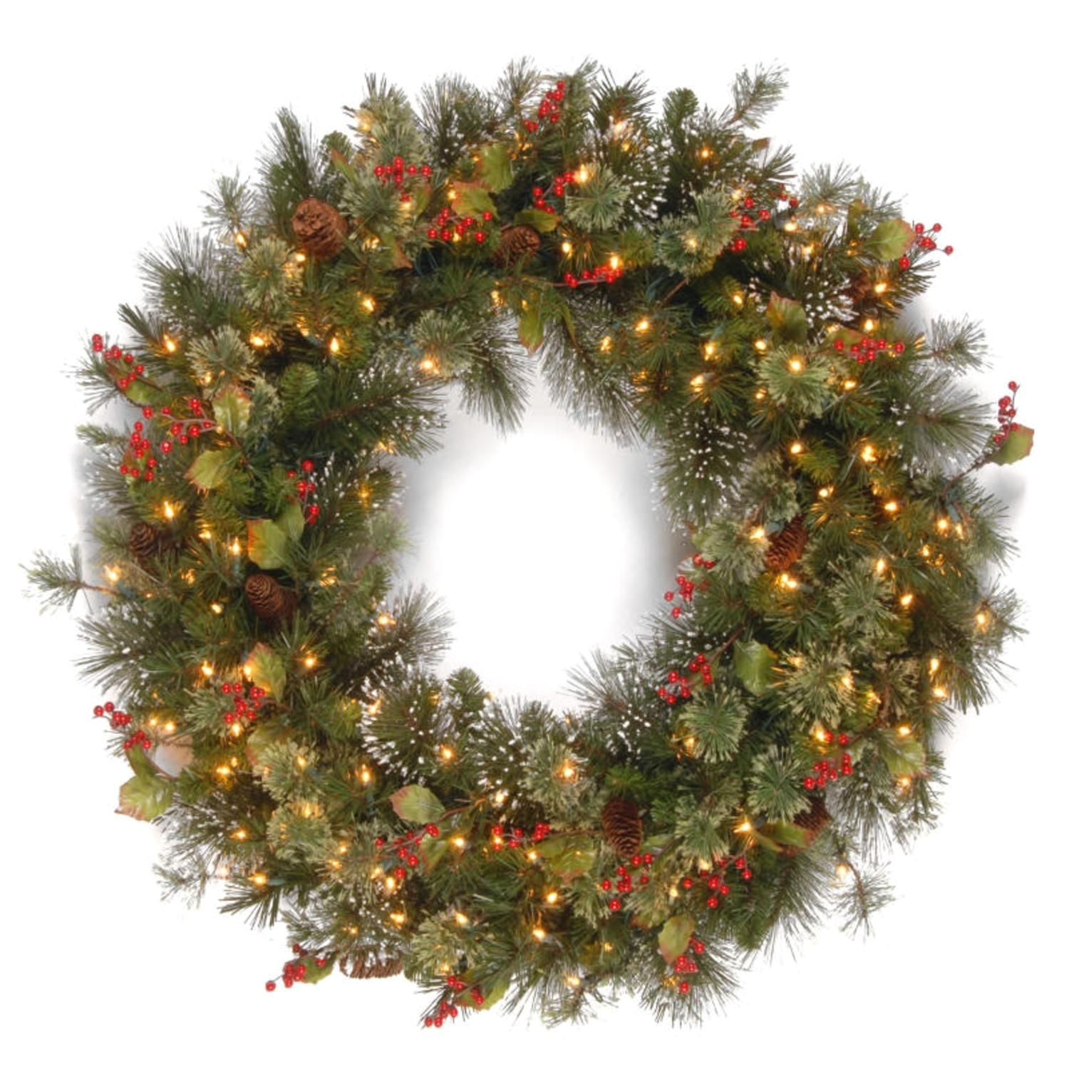 the wintry pine wreath features mixed branch tips trimmed with red berries pine cones holly leaves and snowflakes it is pre strung with 150 clear lights