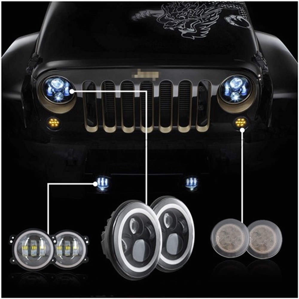 Led Fog Lights for Trucks Angle Eye Set 7 Inch Led Headlight with 4 Inch Led Fog Light Amber