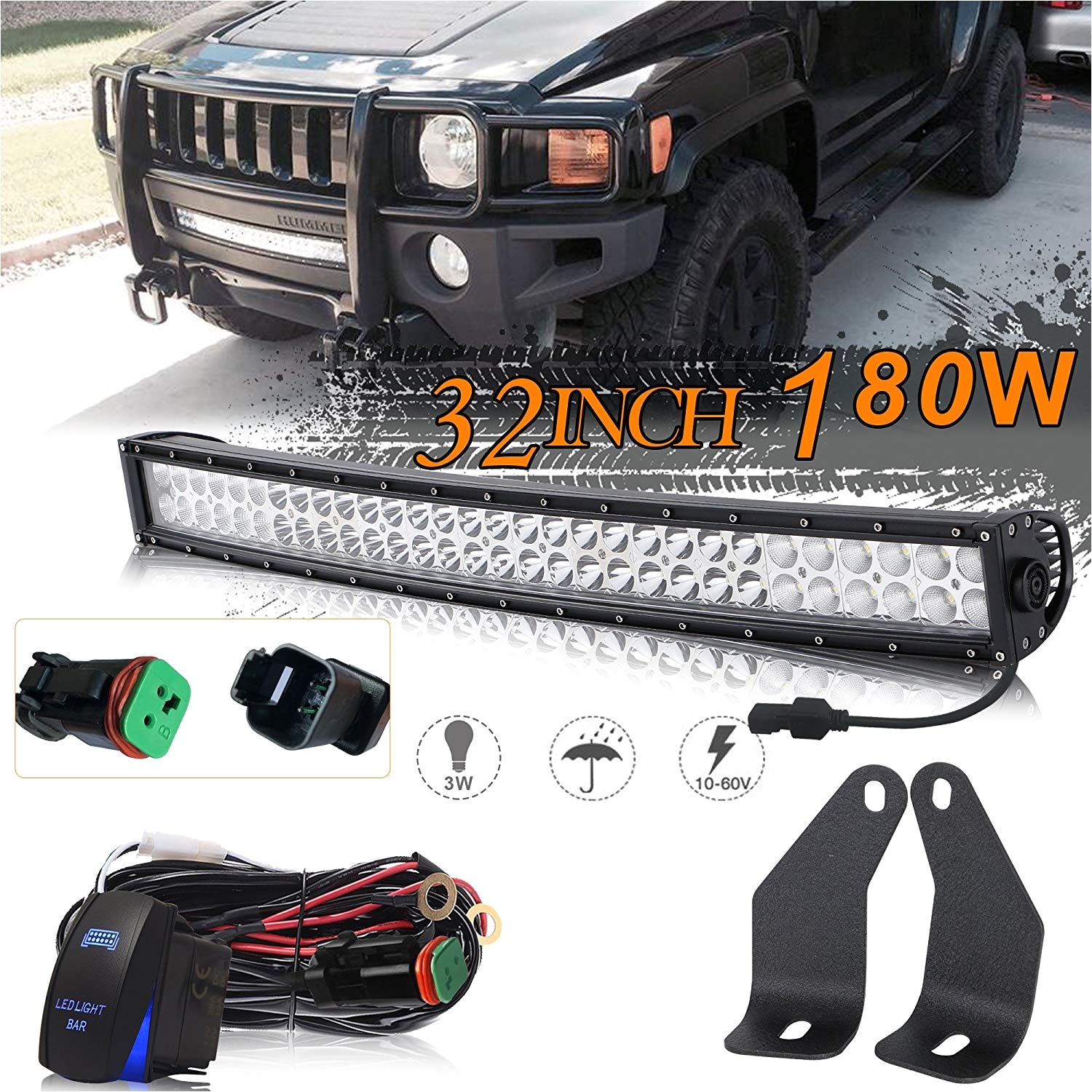amazon com uni filter dot approved 32inch 180w curved led light bar 2pcs front lower hidden bumper mounting brackets 1x dt connector wiring harness kit