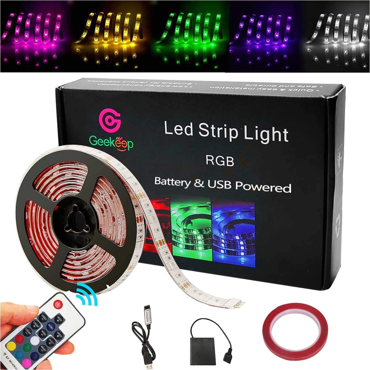 amazon com g geekeep battery powered led strip lights geekeep waterproof rgb led strip rope lights with remoteusb cord and bonus roll adhesive tape