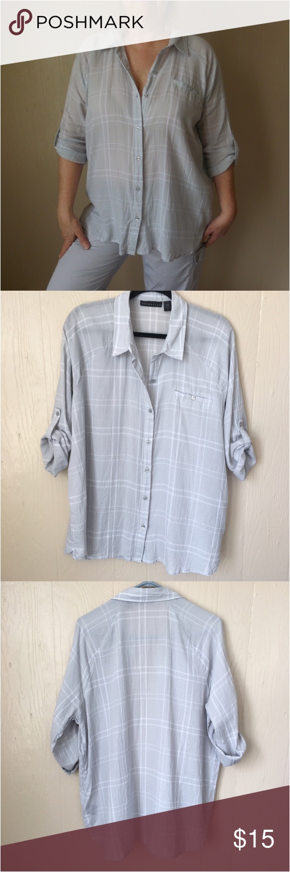 attention womens boyfriend shirt light gray see 4th picture plaid button down one faux pocket 3 4 button up sleeves 100 cotton