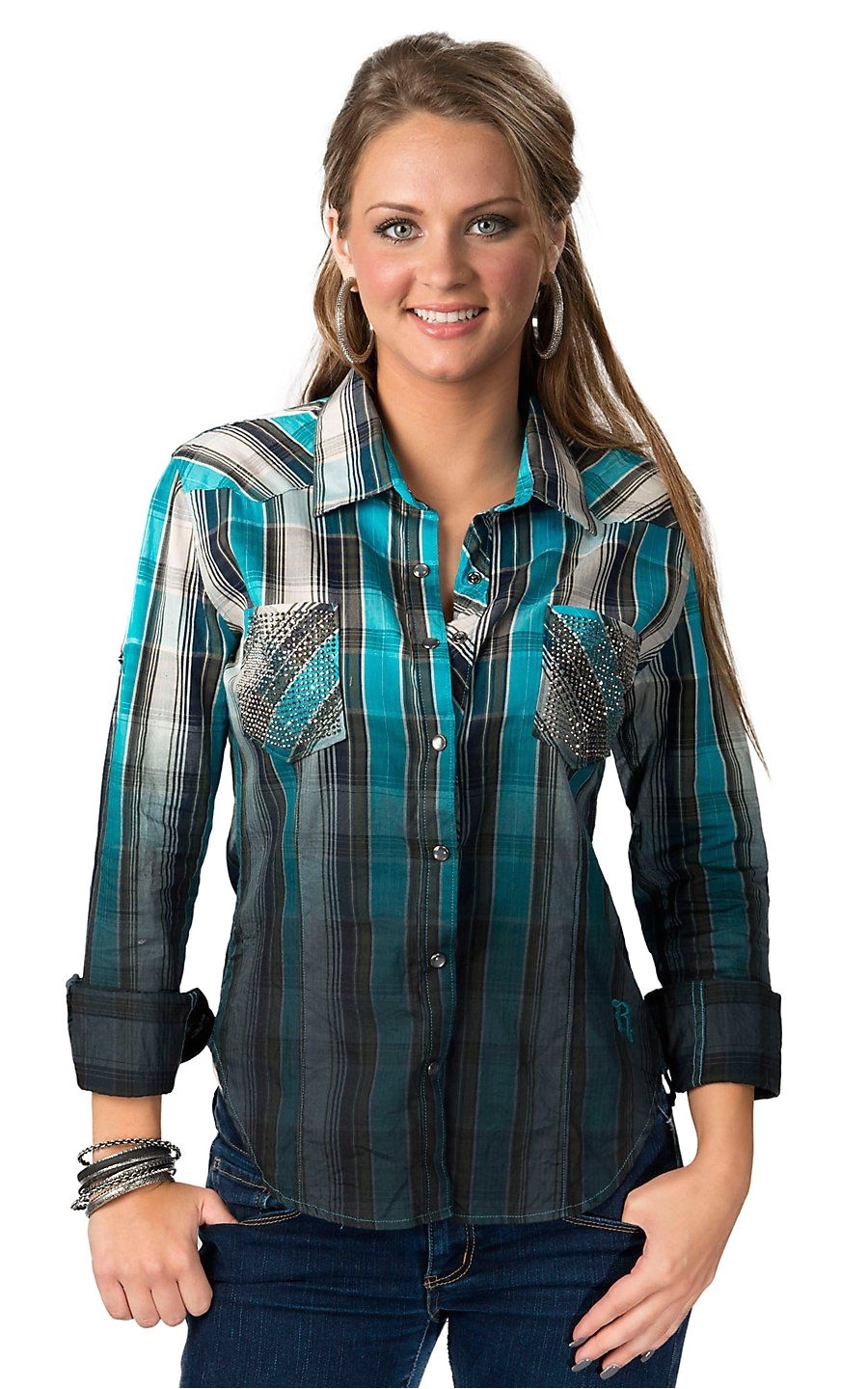 rock roll cowgirl womens blue teal olive and ivory plaid with rhinestone pockets long sleeve western shirt