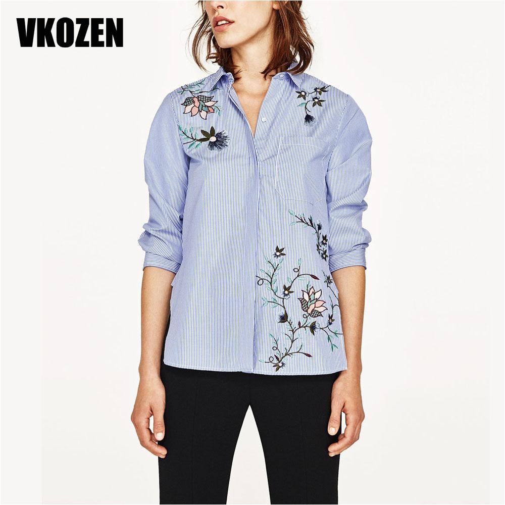 trendy striped floral embroidery blouse women turn down collar long sleeve shirt fashion tops yn 4743 blouse shirt women tops online with 30 96 piece on