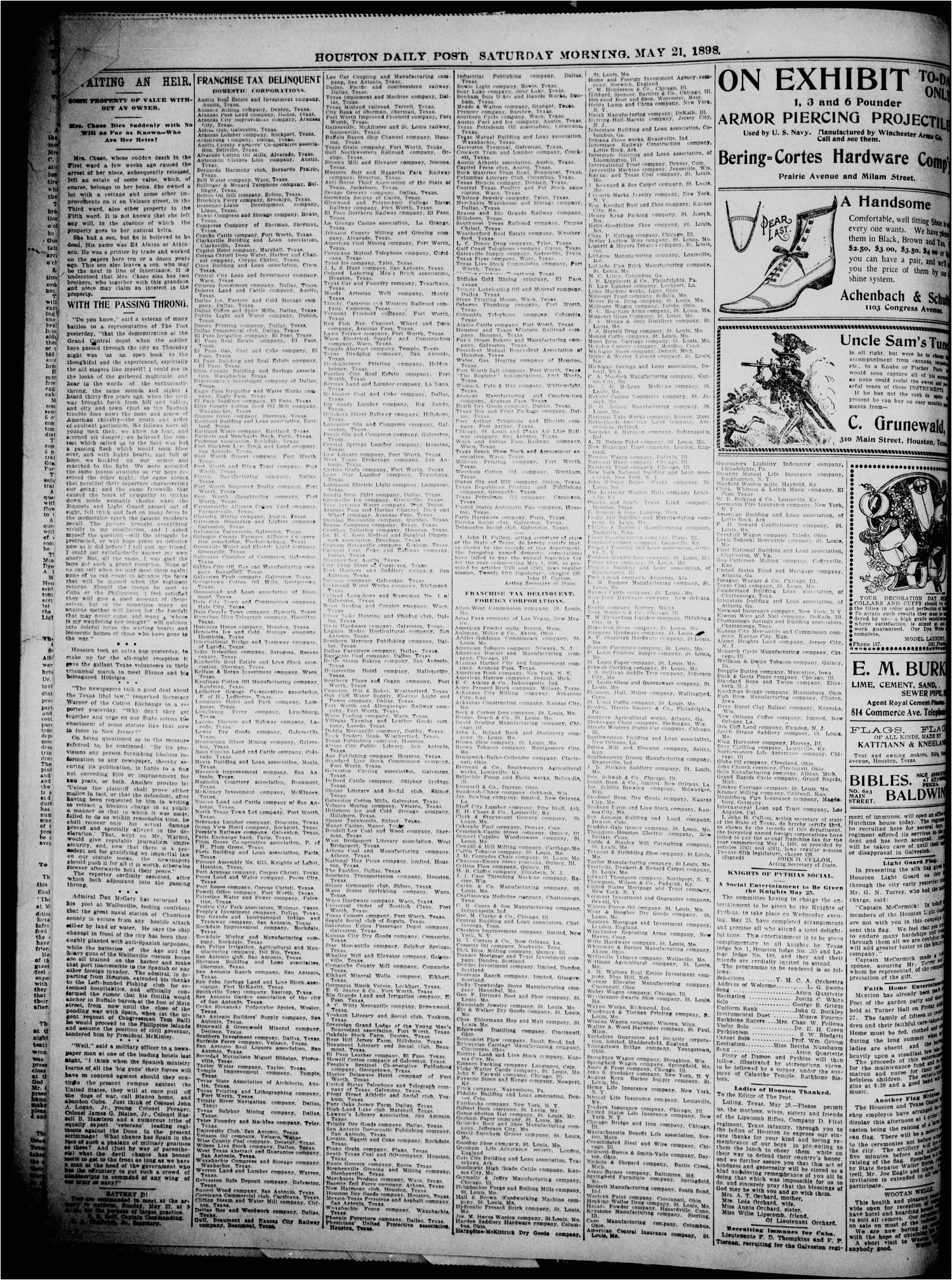 the houston daily post houston tex vol fourteenth year no 49 ed 1 saturday may 21 1898 page 8 of 12 the portal to texas history