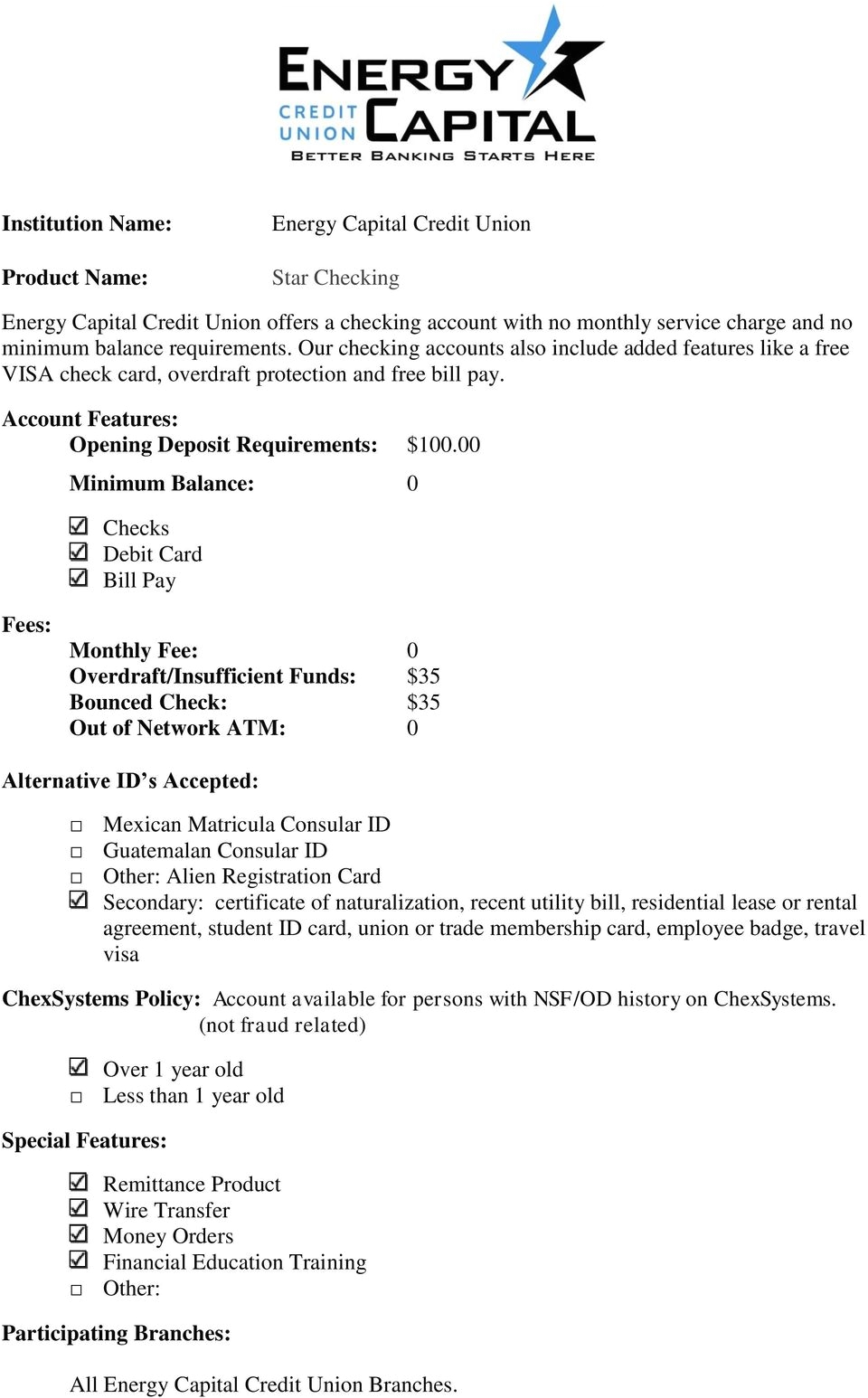 00 minimum balance 0 checks debit card bill pay monthly fee 0 overdraft