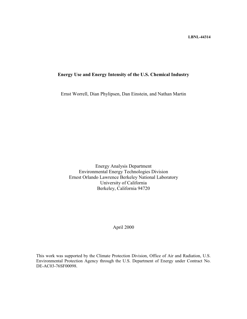 energy use and energy intensity of the u s chemical industry