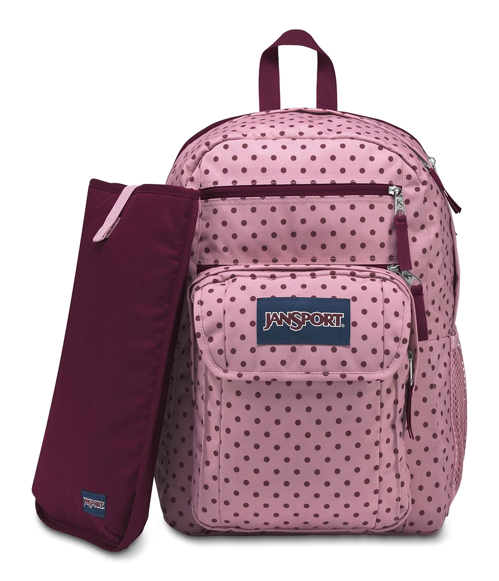 jansport grey denim polka dot backpack