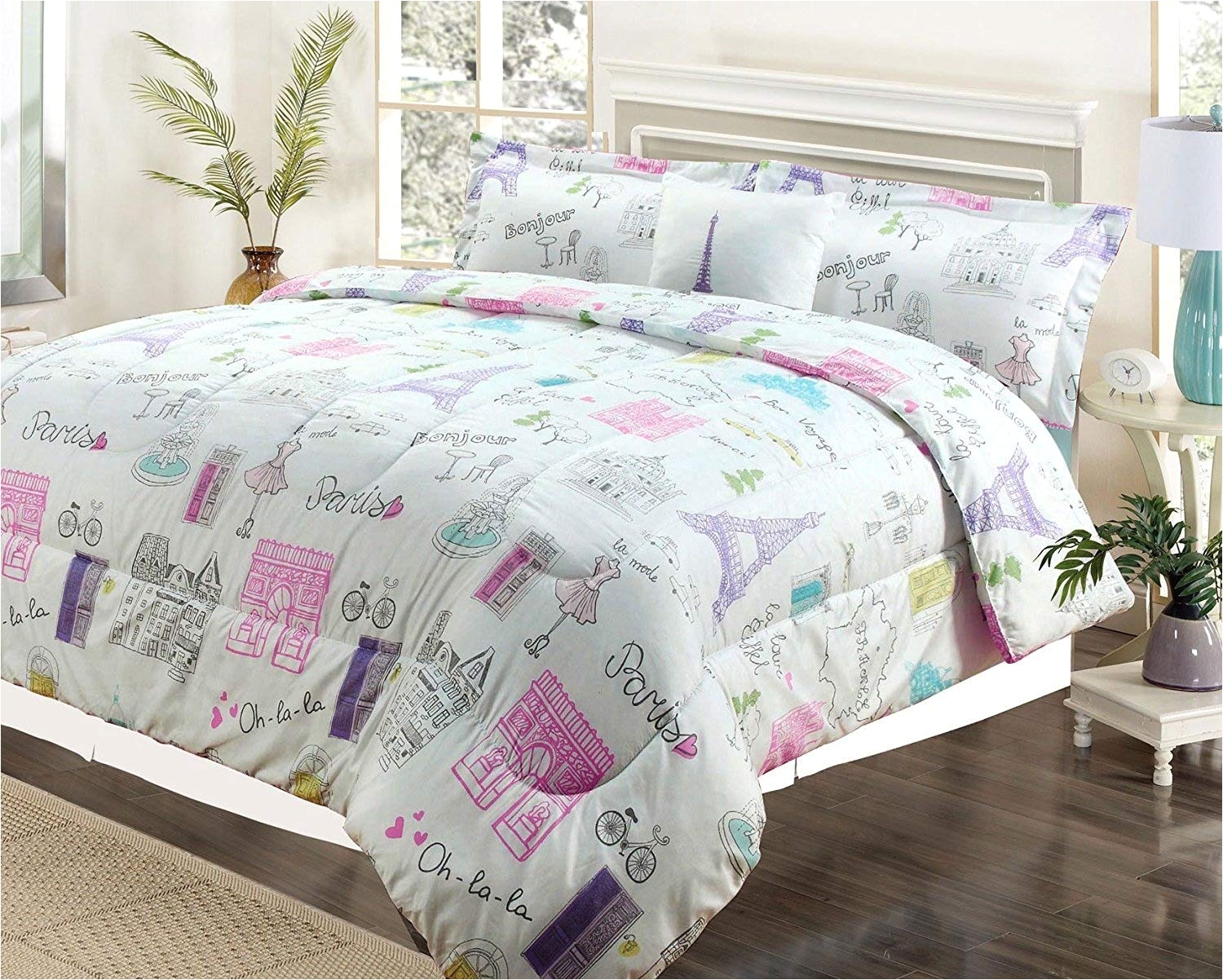 amazon com full 4 pc bedding girls comforter bed set paris eiffel tower bonjour pink purple home kitchen