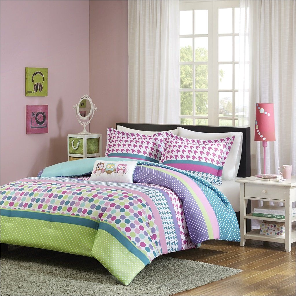amazon com girls teen kids modern comforter bedding set pink purple aqua teal blue polka dots stripes geometric design with owl pillow in twin twin xl or