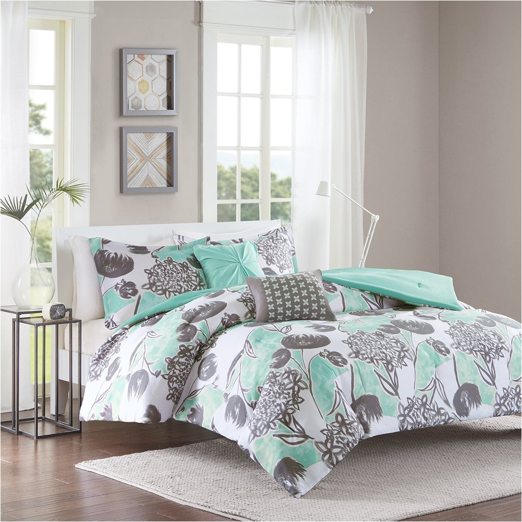 amazon com intelligent design marie comforter set full queen size aqua grey brushed floral 5 piece bed sets ultra soft microfiber teen bedding for