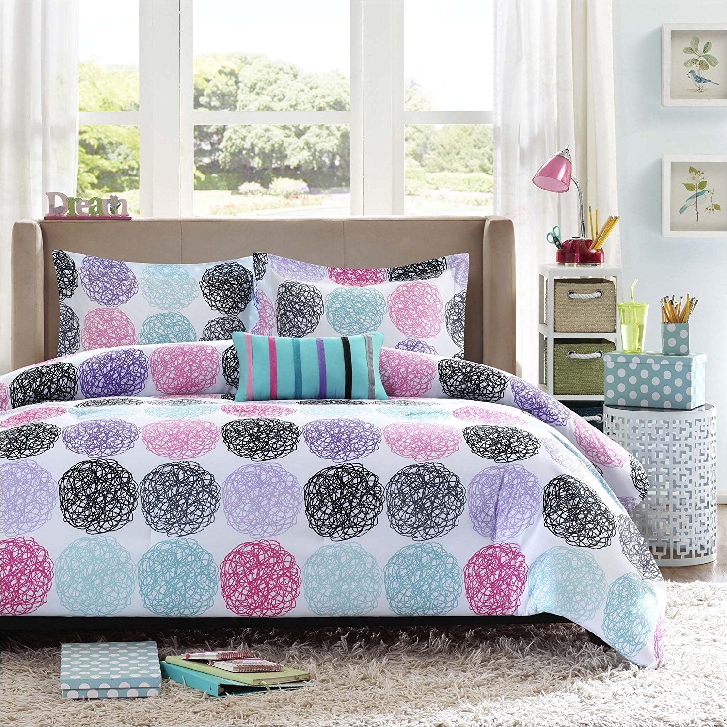 amazon com mi zone mz10 230 doodled circles polka dots reversible comforter set full queen purple teal home kitchen