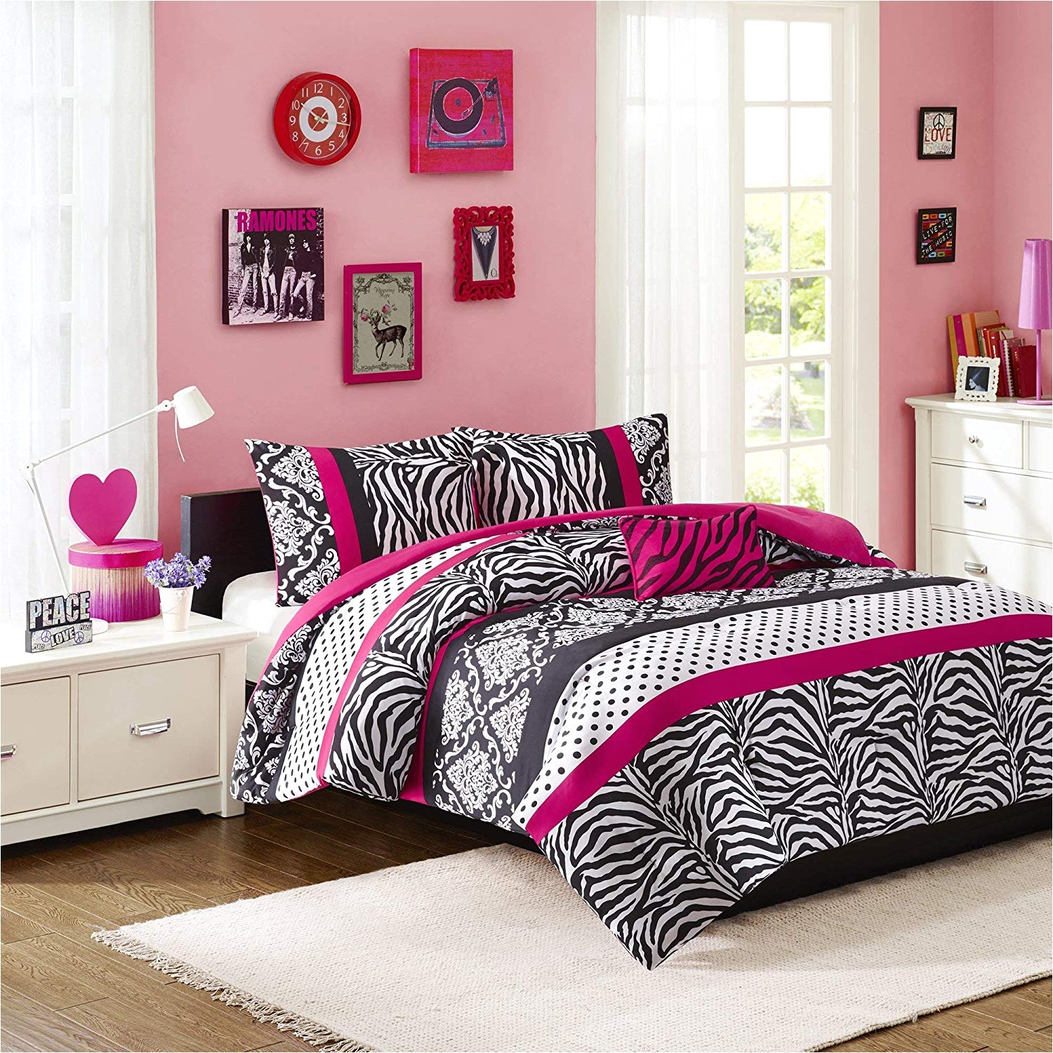 amazon com mi zone reagan comforter set full queen size pink zebra polka dot 4 piece bed sets ultra soft microfiber teen bedding girls bedroom home