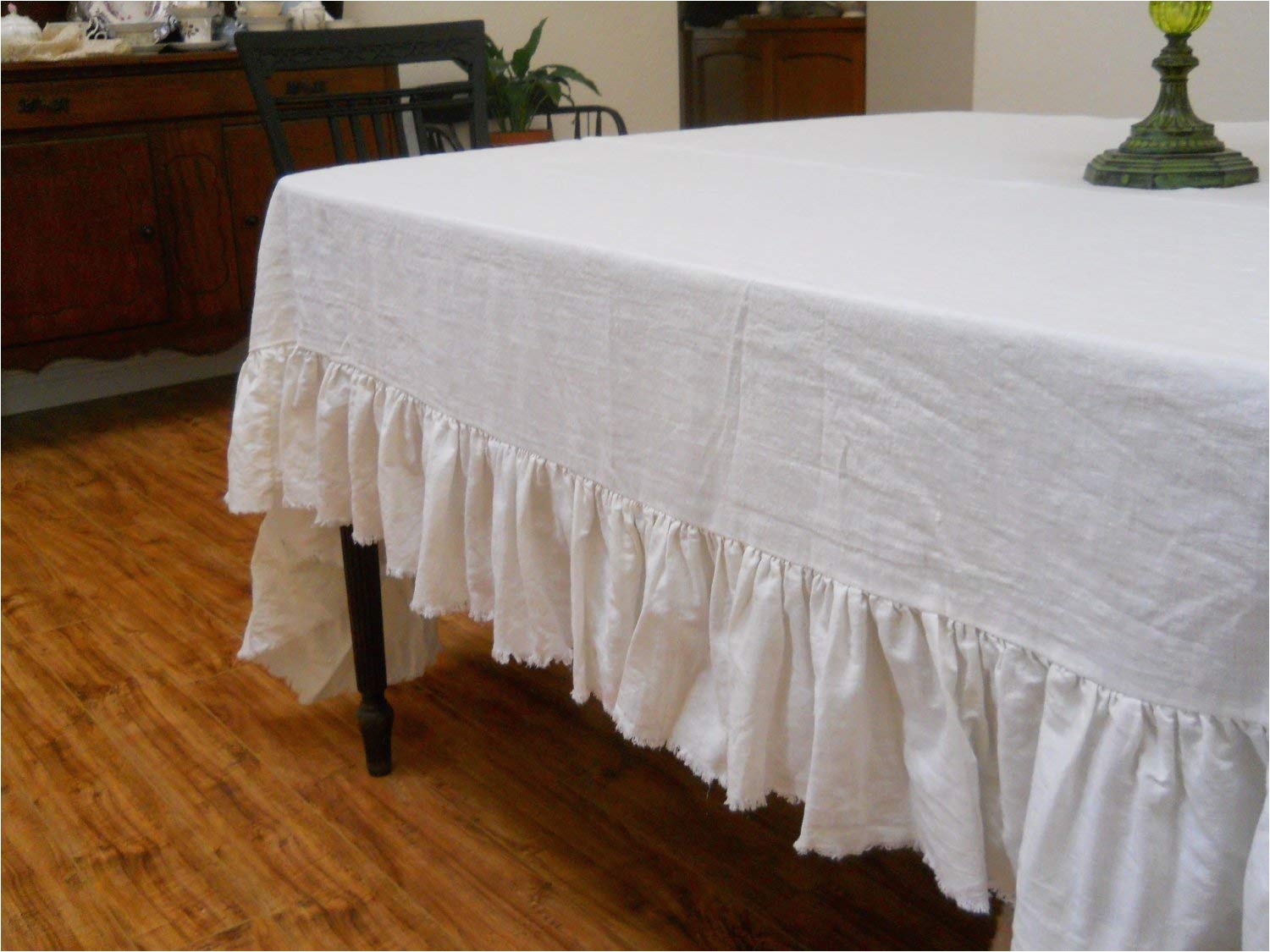 amazon com off white linen table cloth with frayed ruffle home kitchen