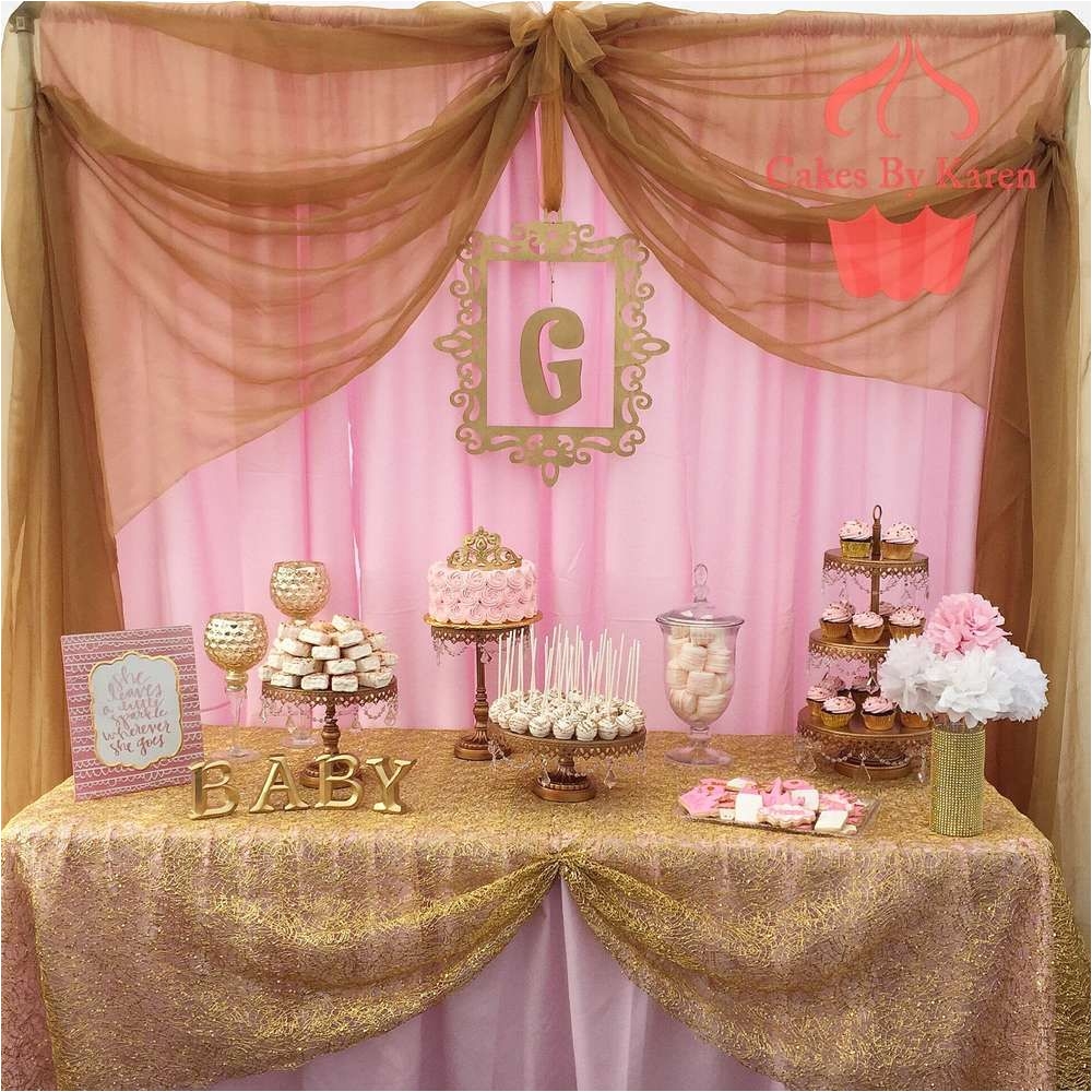 dessert table at a pink and gold baby shower party see more party planning ideas at catchmyparty com