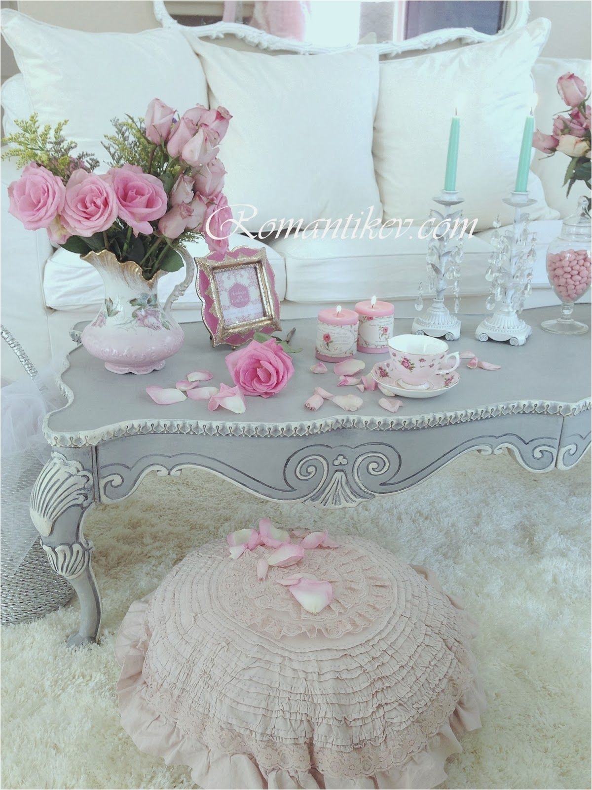 shabby chic gray with pale pink high lights coffee table pink puff ottoman