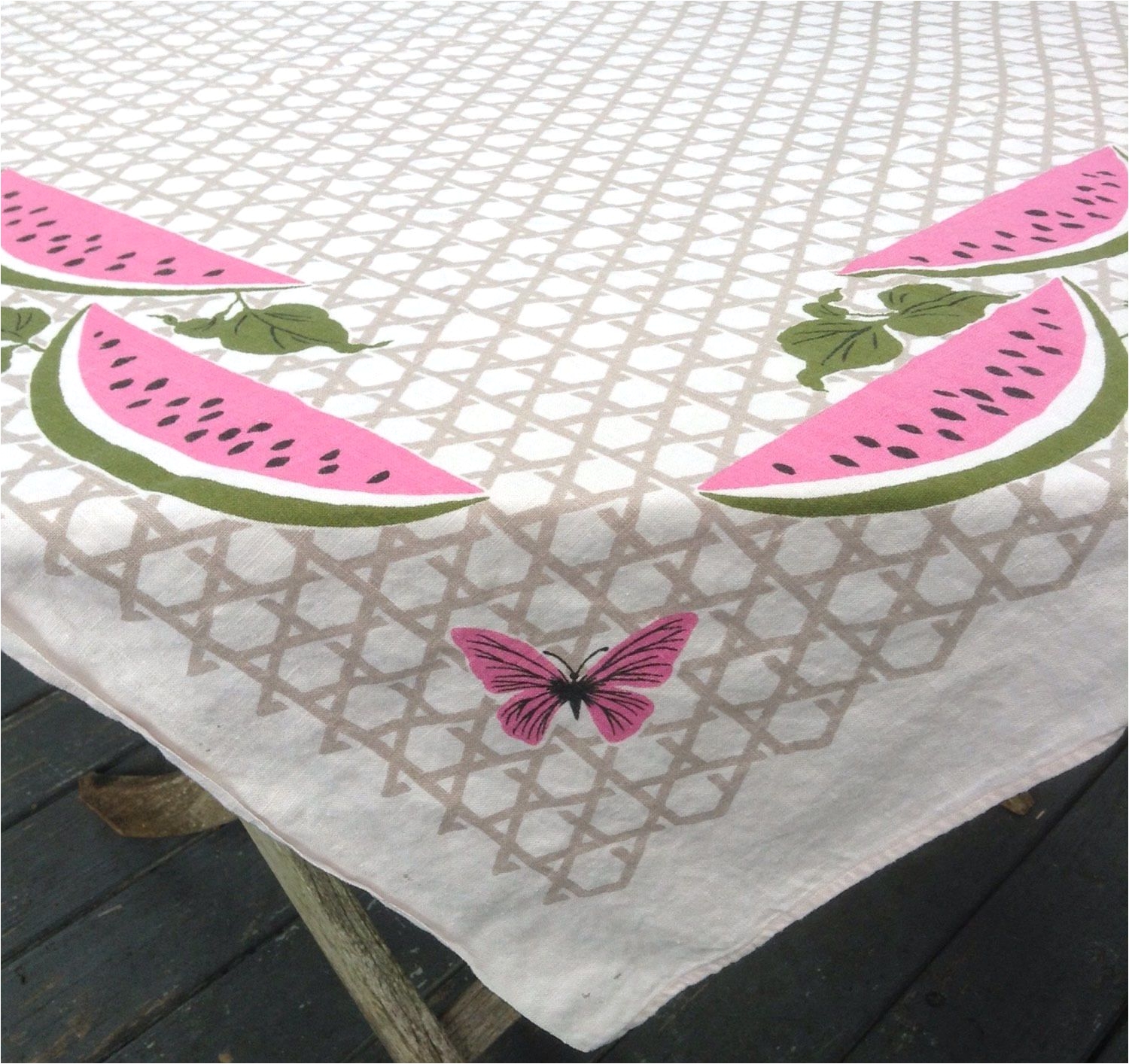 vintage shabby pink watermelons and butterflies tablecloth from my etsy shop https www