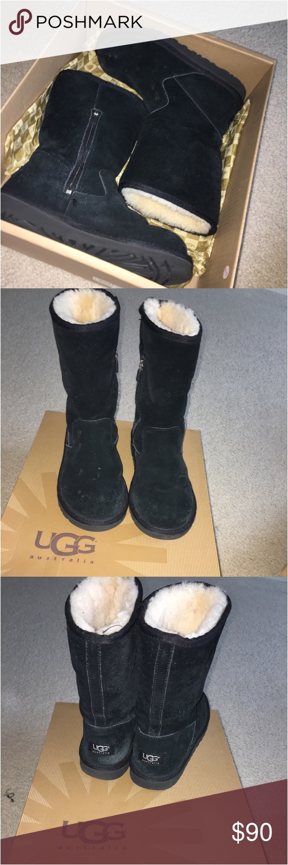 tall black uggs zipper close a little discoloration but otherwise in good condition comes with