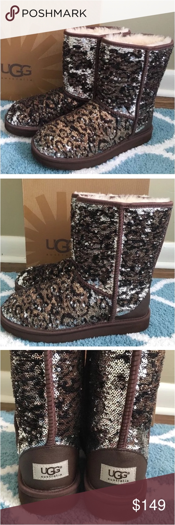 ugg classic short boots leopard reverse sequins gently worn with very light wear light creases