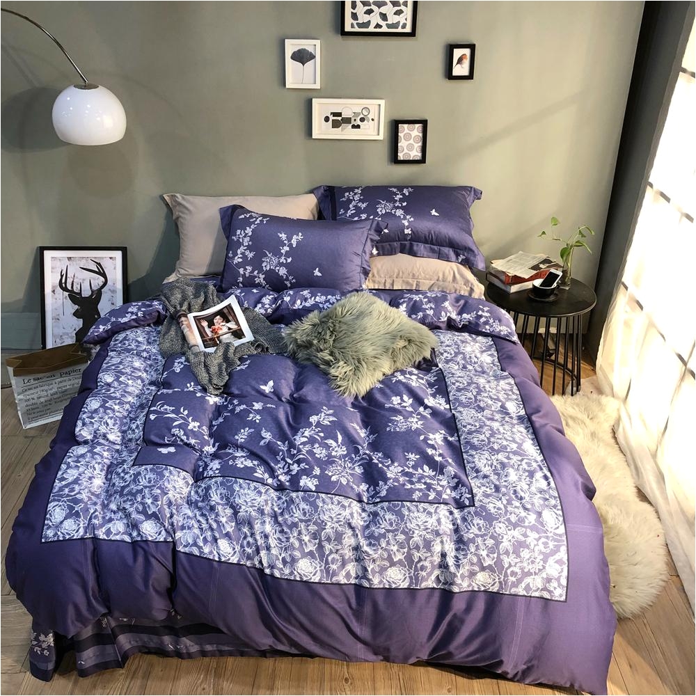 2018 plaid white flowers purple duvet cover set egyptian cotton bed cover queen king size bedlinens pillowcases sheet bedroom comforters retro bedding from