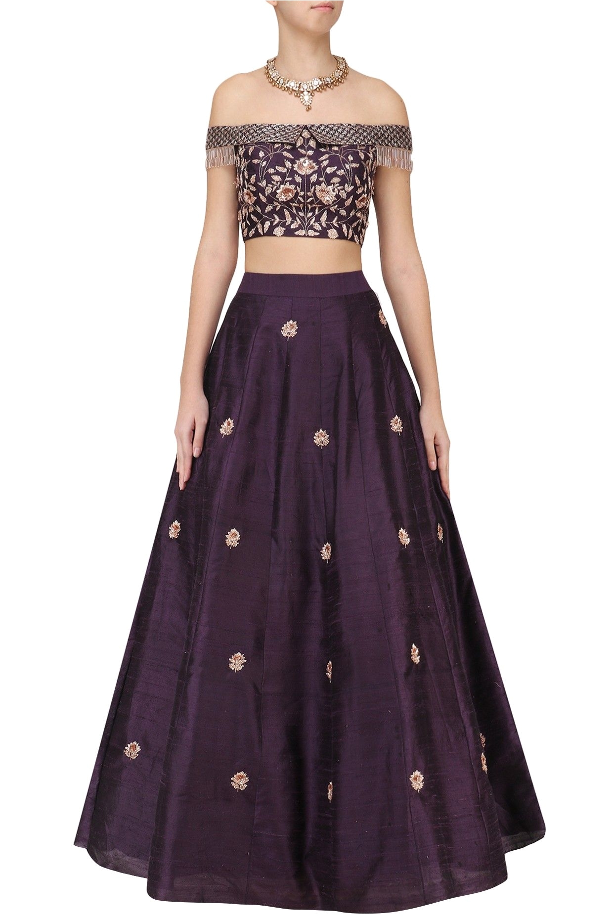 purple collared off shoulder crop top and skirt indianfashion croptop skirt offshoulder indiandesigner embroidered ethnicwear pinkpeacockcouture