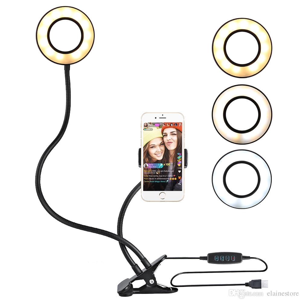2018 new usb power led selfie ring light with mobile phone clip holder lazy bracket desk for iphone 7 8 x samsung android phone phone bracket bracket online