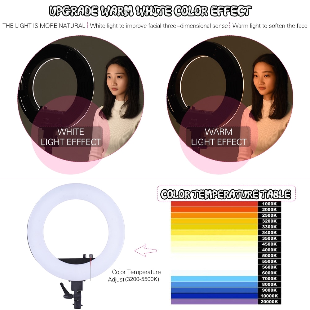 1 led ring light 1 make up mirror 1 phone clip 1 cold shoe base 1 screw adapter 1 power cableabout 3 metes long 1 carrying bag