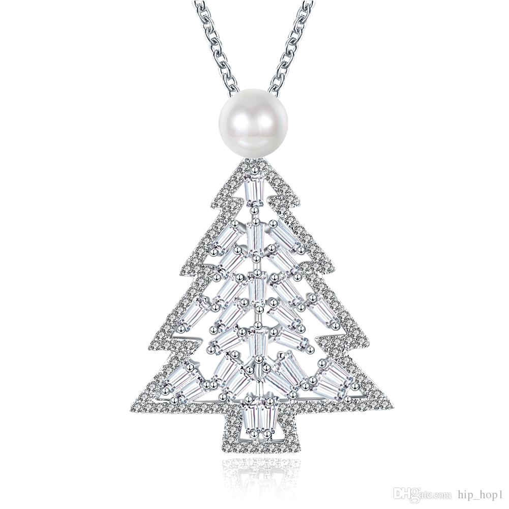 new xmas tree pendant necklaces inlay zircon pearl necklace christmas jewelry women fashion 18k gold