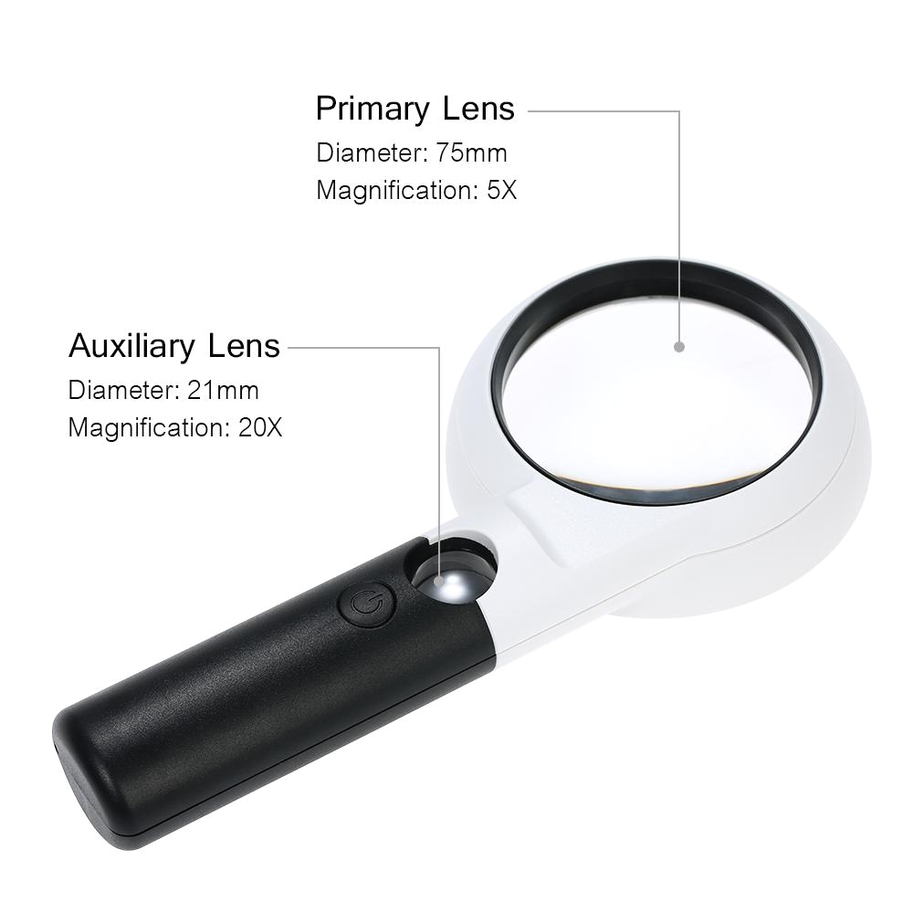 dual glass 5x and 20x magnification power lens 11 led light magnifier jewelry magnifying glass book