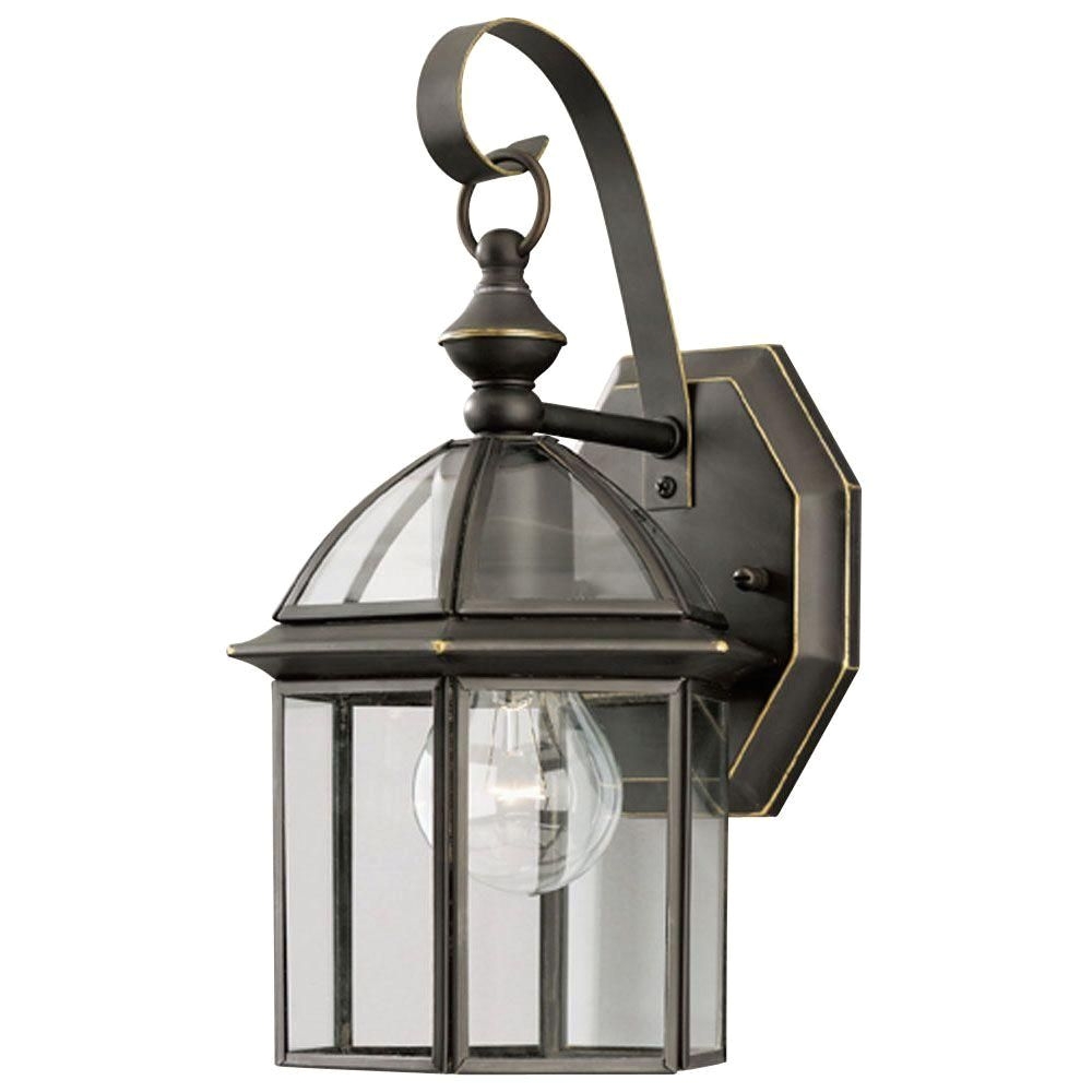 1 light weathered bronze on solid brass exterior wall lantern with clear glass panels