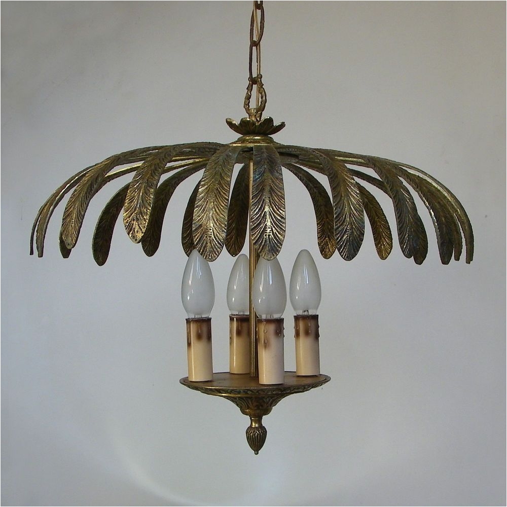 vintage solid gilt bronze palm leaves ceiling light chandelier hollywood regency