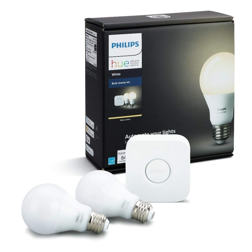 philips hue white a19 60w equivalent dimmable led smart bulb starter kit 2 a19 60w white bulbs and 1 hub compatible with amazon alexa apple homekit and