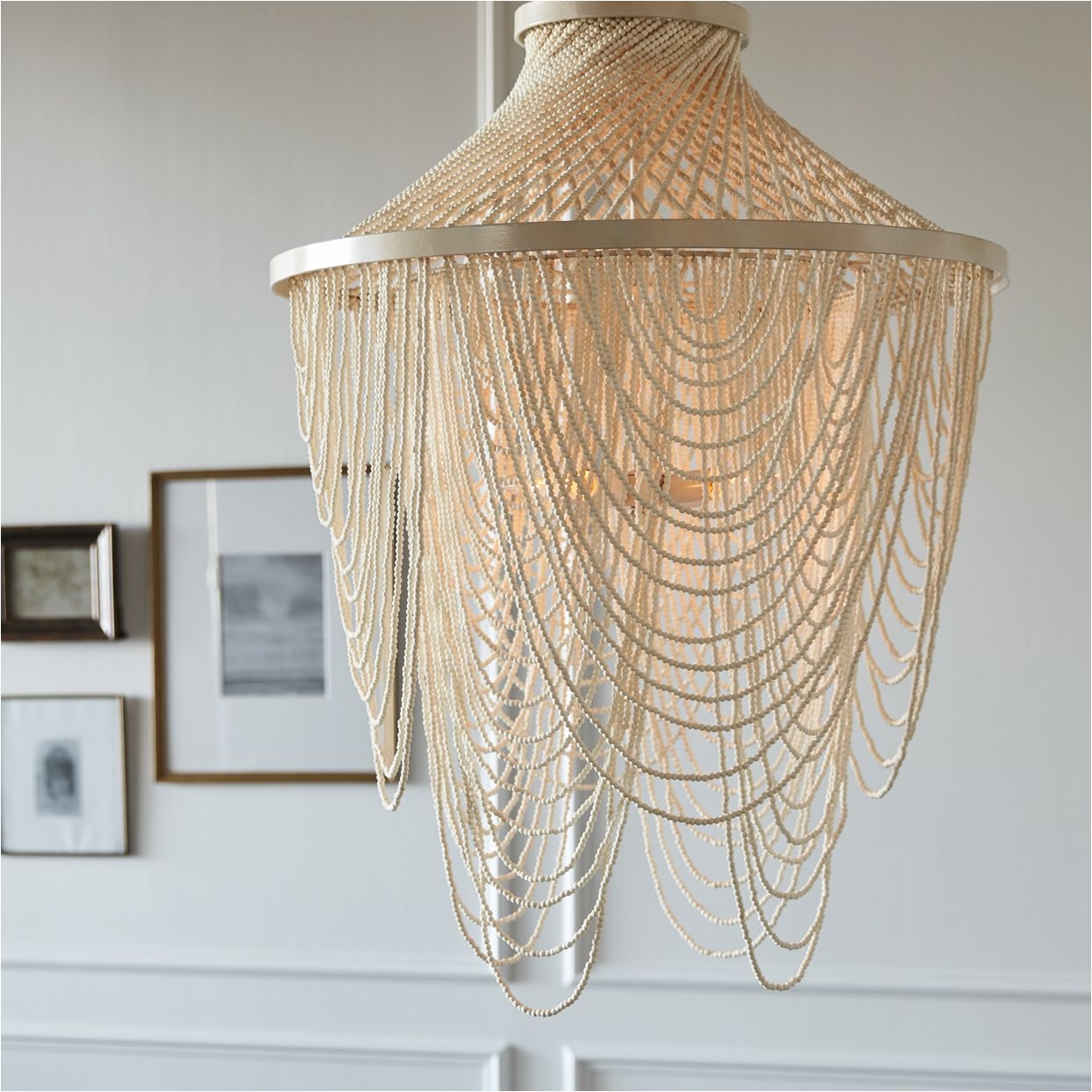 palecek mariana beaded chandelier chandelier is fully beaded with tiny wood beads in a soft white finish complete with a cream finished chain and canopy for