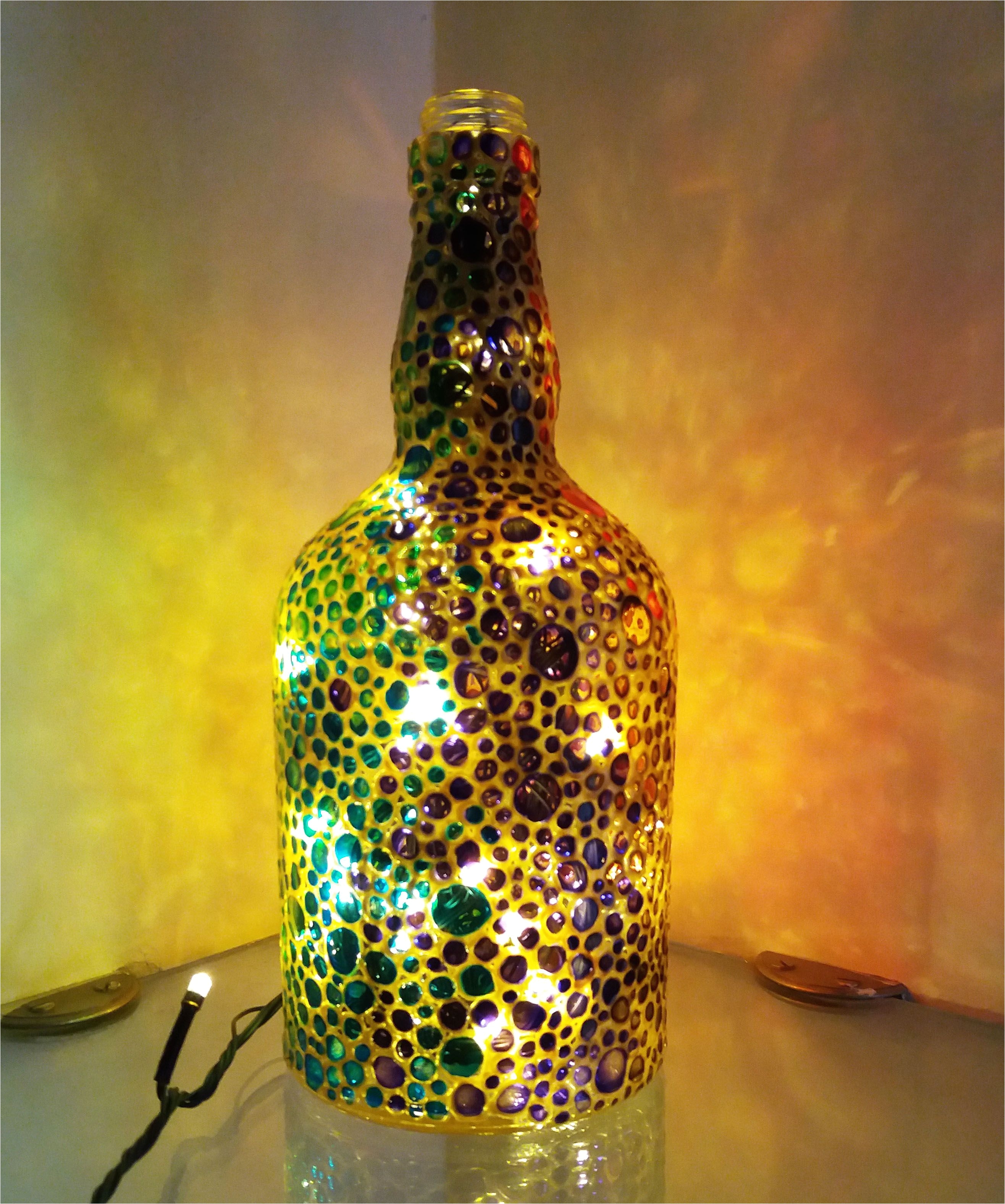 hand painted recycled glass bottle with lights this bottle is painted with glass colors