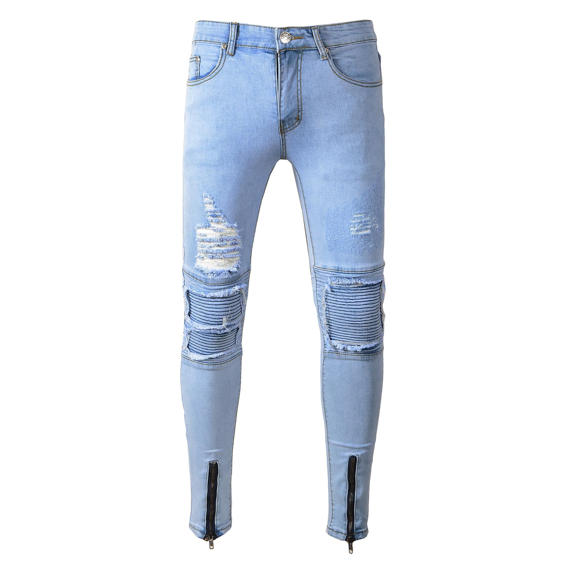 2018 fashion mens straight slim fit hole biker jeans light colored washed pencil pants ripped destroyed denim jeans hip hop streetwear blue from mizon88