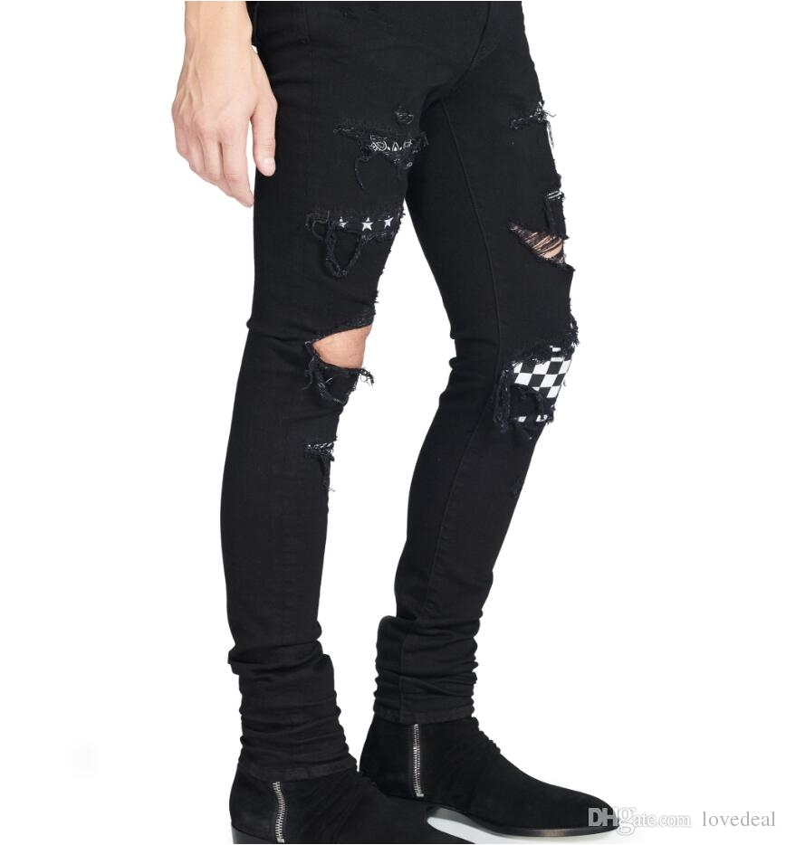 2018 mens art patch slim fit ripped jeans men hi street mens distressed denim joggers knee holes washed destroyed jeans plus size 28 42 black from