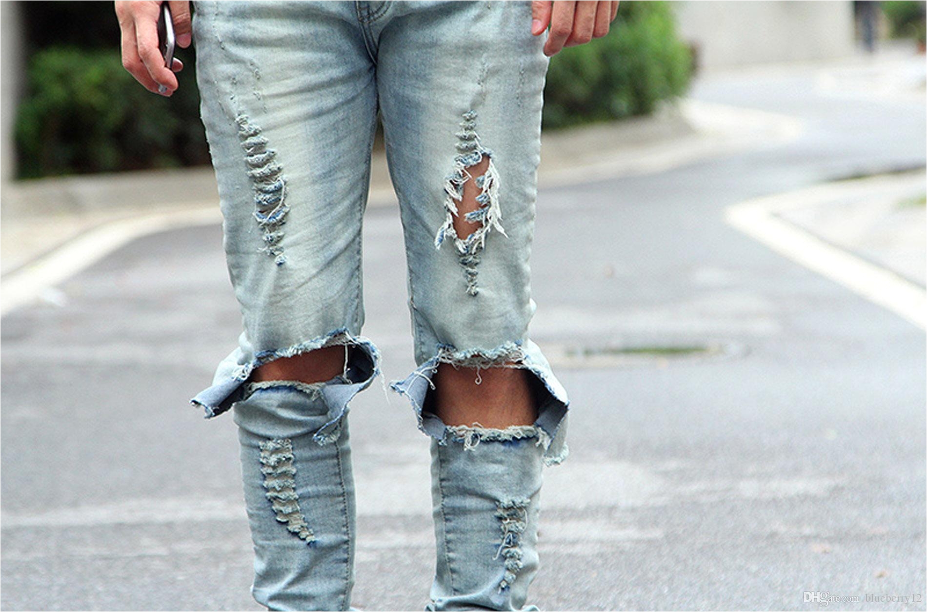 kanye west represent same jeans men light blue black designer rock star destroyed ripped skinny