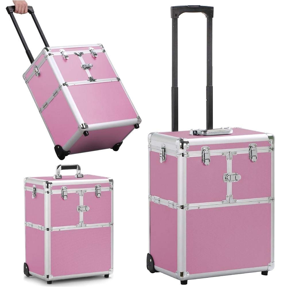 amazon com go2buy artist rolling trolley makeup beauty train case cosmetic organizer pink 15 2 x 10 4 x 44 5 beauty