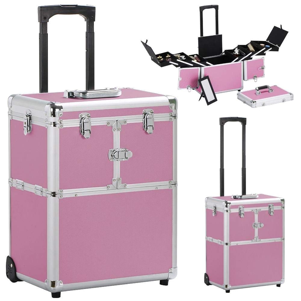 amazon com go2buy artist rolling trolley makeup beauty train case cosmetic organizer pink 15 2 x 10 4 x 44 5 beauty
