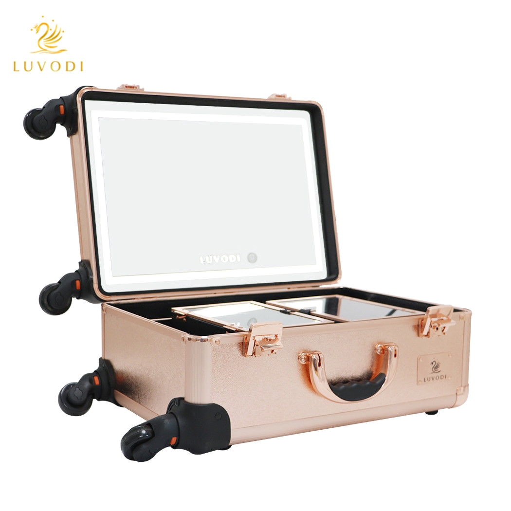 hollywood cosmetic makeup case clear bag led lighted mirror dressing table stand