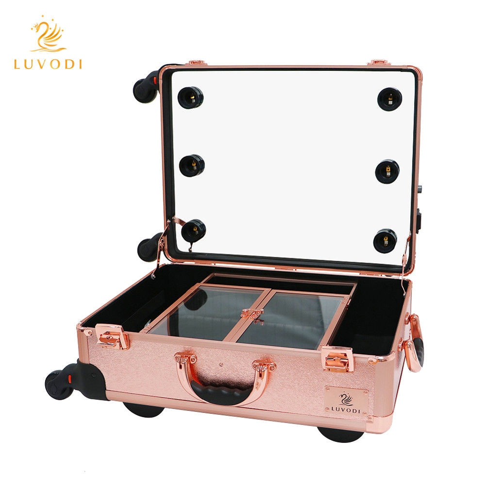 hollywood cosmetic makeup case clear bag led lighted mirror dressing table stand