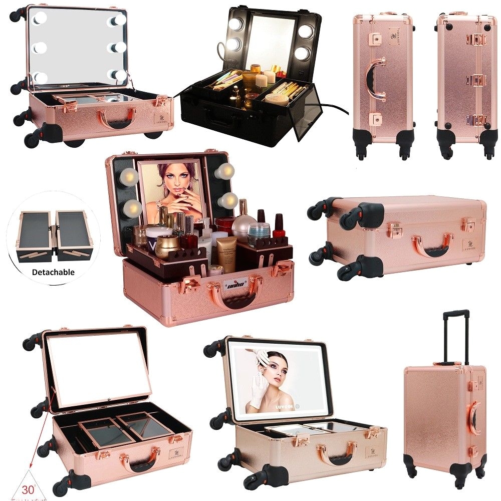 hollywood cosmetic makeup case clear bag led lighted mirror dressing table stand