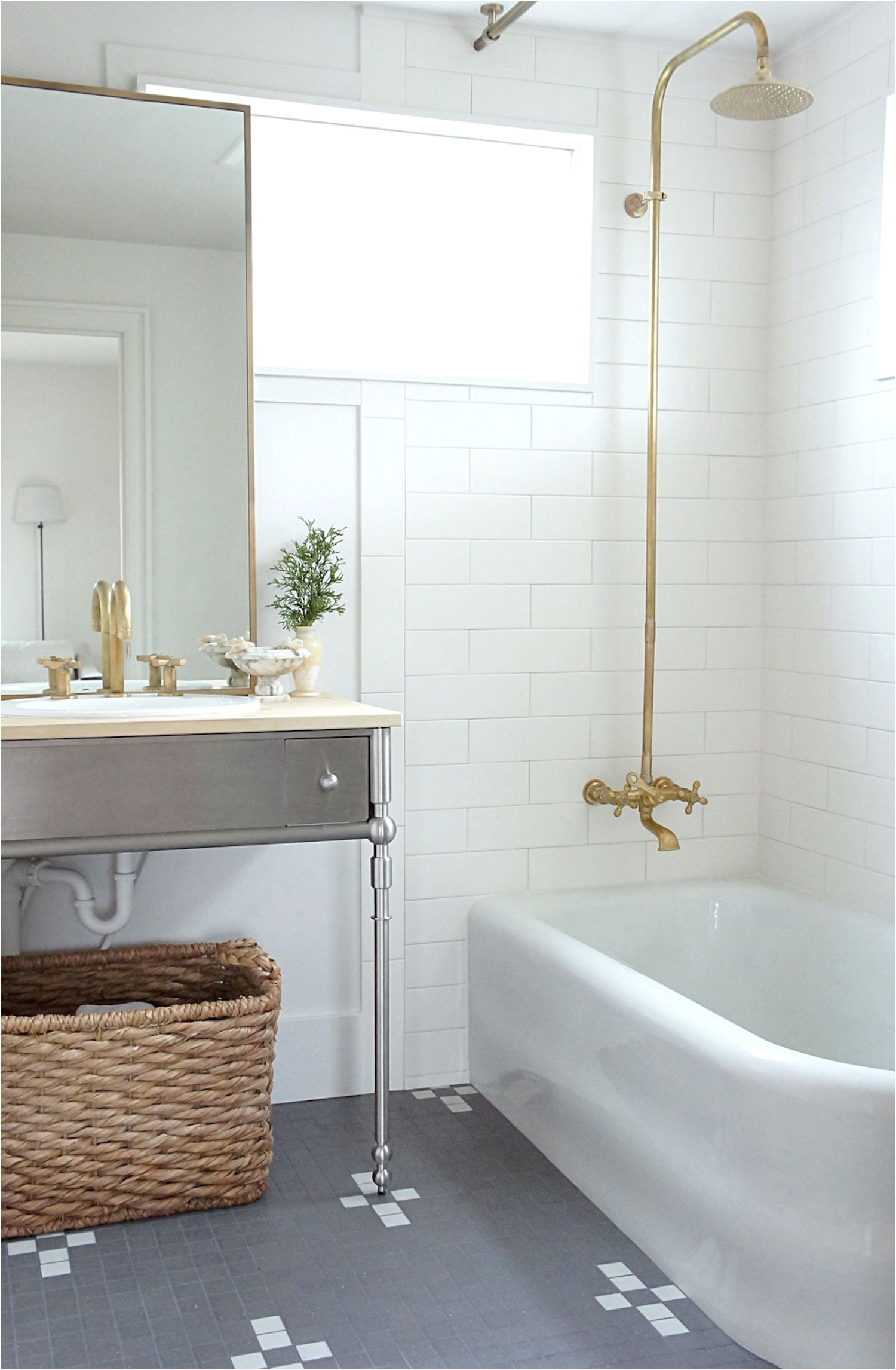 tub and shower bo with vintage brass exposed plumbing shower kit transitional bathroom