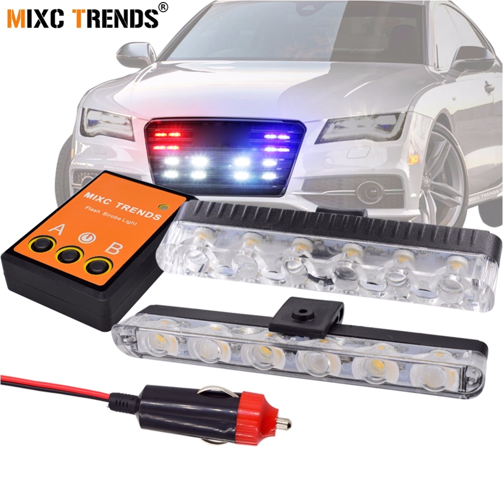 2pcs 6 led front grill strobe lights bar white yellow red blue car police flash light