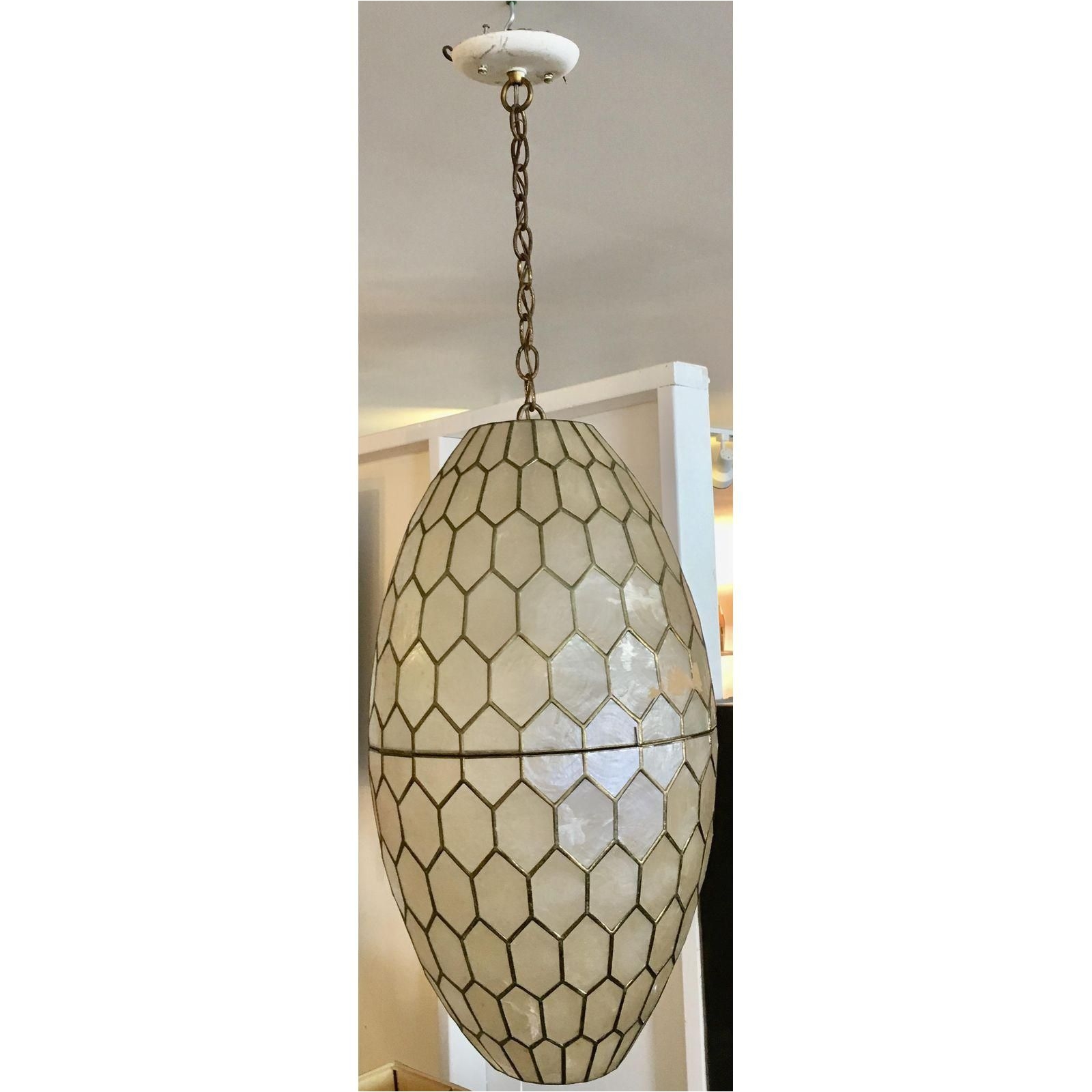 image of mid century capiz shell brass pendant light