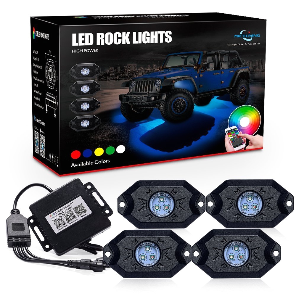 amazon com mictuning 2nd gen rgb led rock lights with bluetooth controller timing function music mode 4 pods multicolor neon led light kit automotive