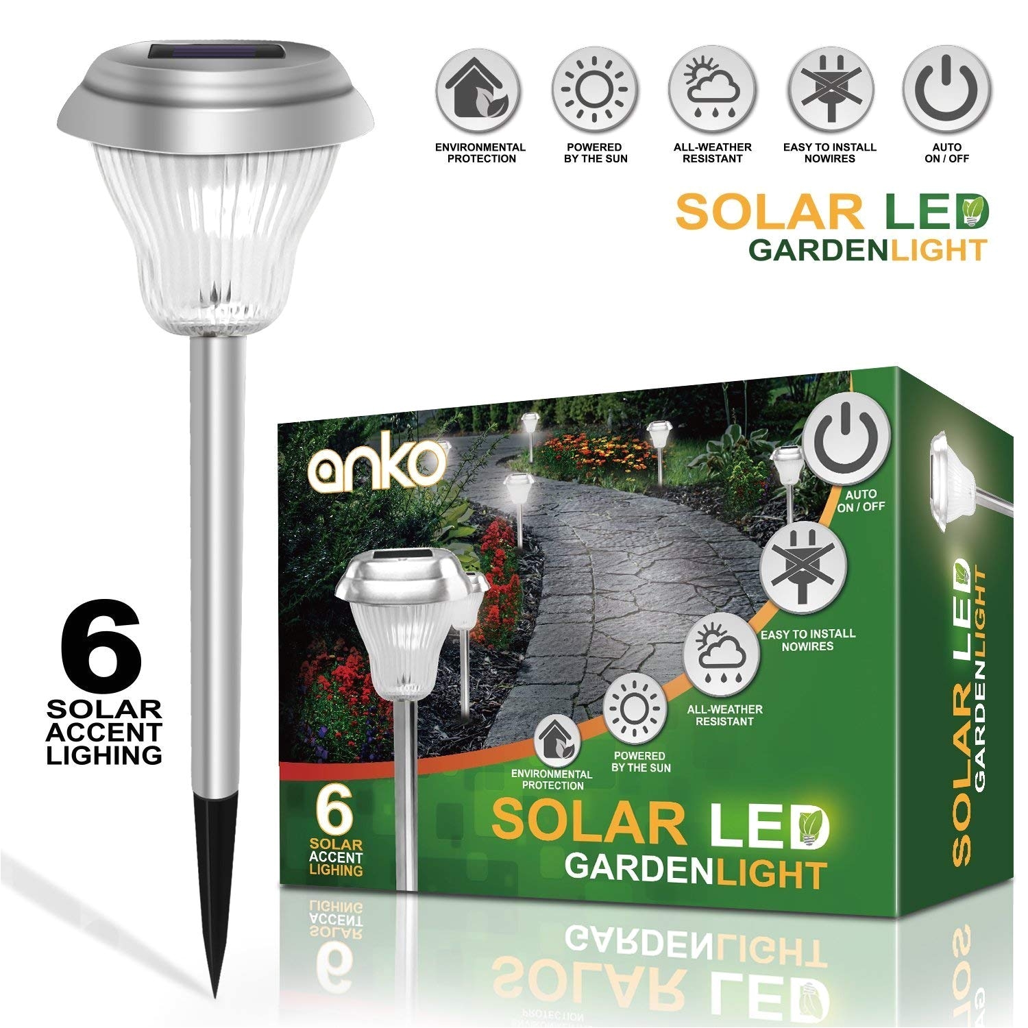 solar power led garden lightsset of 6 pack anko 2color switch white stainless steel stand