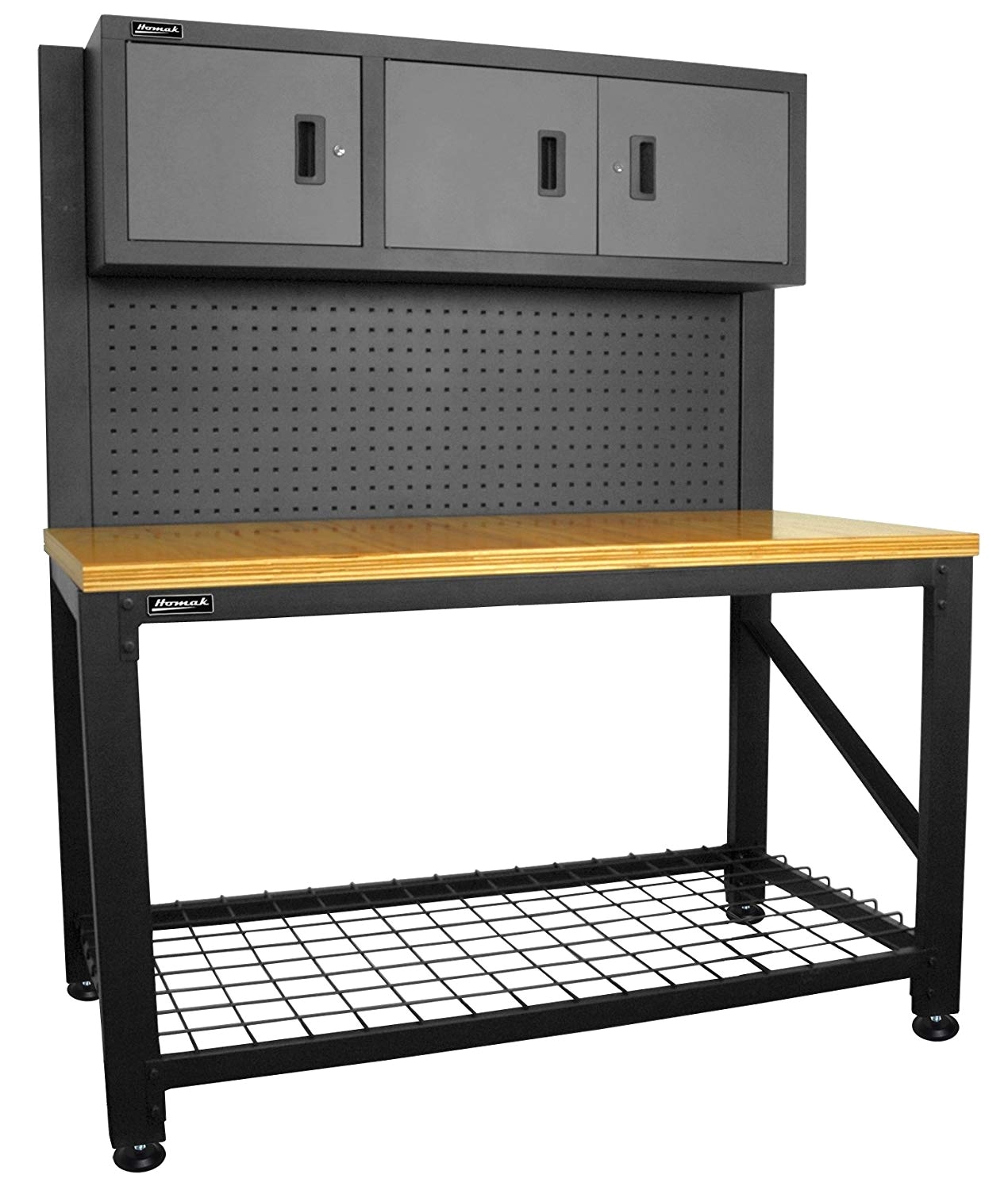 homak 59 inch wood top workbench with 3 door cabinet steel gs00659031 amazon com