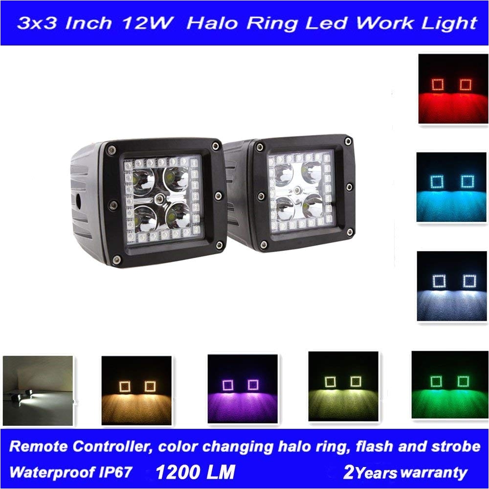 amazon com night break light 2years warranty 2pcs 3x3 inch led work light waterproof led square pods with halo ring by remote controller automotive