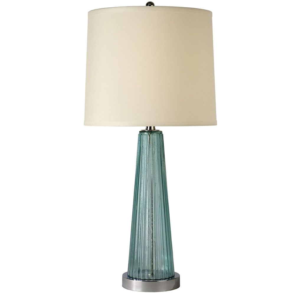 chiara glass table lamp in a polished chrome finish with an off white shantung shade